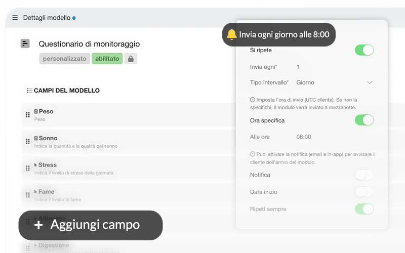 Moduli personalizzabili Fiber per anamnesi, follow-up e raccolta dati automatizzata per professionisti della nutrizione sportiva